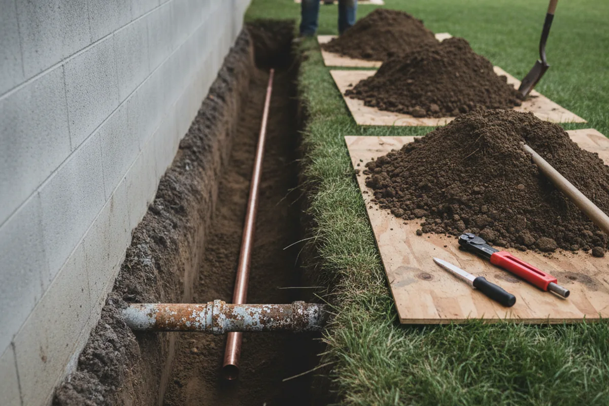 Excavated water line trench during Water Softener Installation in Roan Mountain